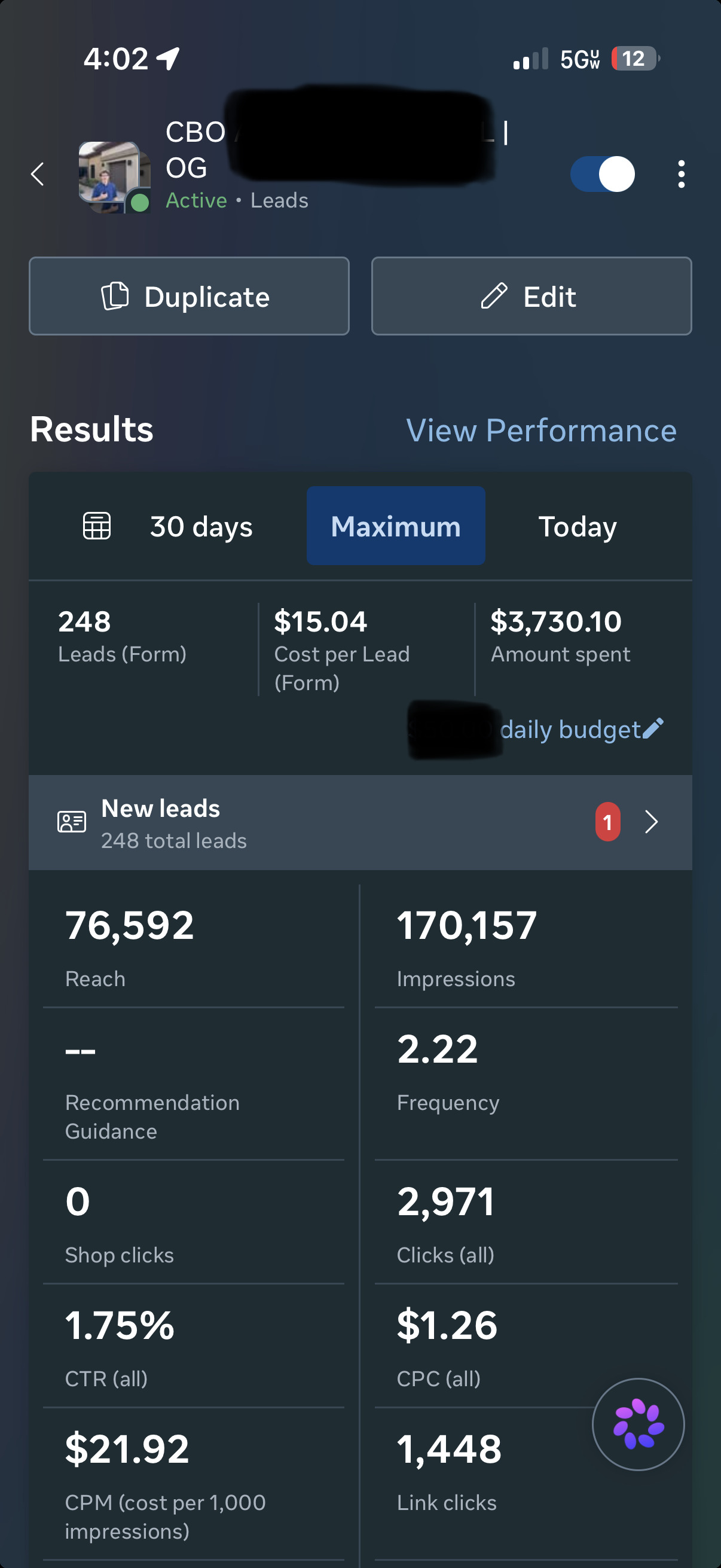 Meta Ads campaign results on iPhone
